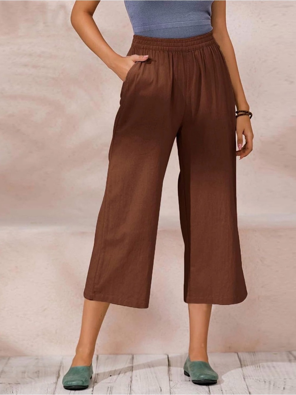 Womens Cotton Cropped Brown Pants Wide Leg Trousers